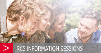 A group of four people are smiling and leaning towards each other, engaged in conversation. The setting appears outdoors with natural lighting. The text "RCS Information Sessions" is displayed at the bottom in white over a transparent gray banner.