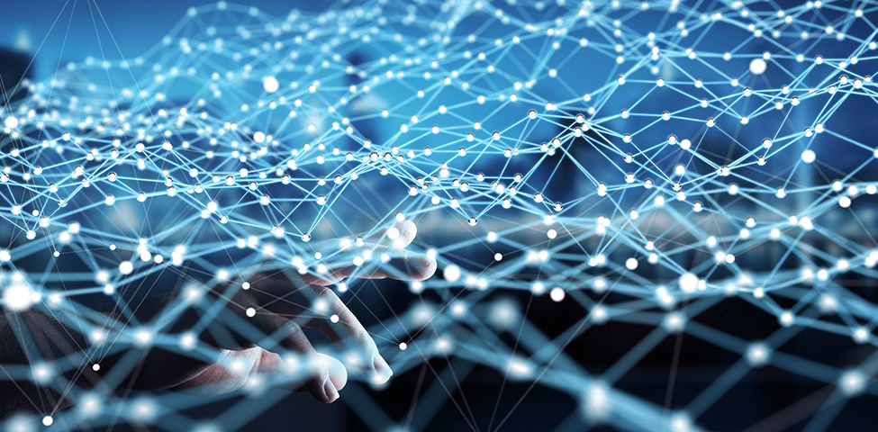 A hand reaches towards an abstract network of interconnected nodes and glowing lines against a blue background. The network creates a web-like pattern, suggesting themes of technology, connectivity, and data flow.