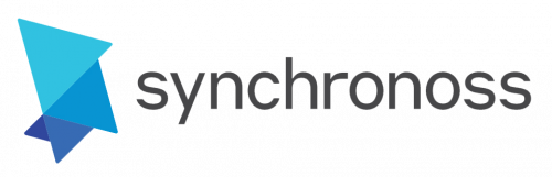 Logo for Synchronoss featuring stylized triangular shapes in light blue, blue, and dark blue forming an abstract design on the left. The company name "synchronoss" is written in lowercase, gray, sans-serif font on the right. The overall look is modern and clean.