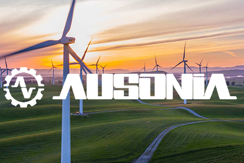 A landscape featuring multiple wind turbines spread across green hills at sunset, with a colorful sky in the background. The word "AUSONIA" is prominently displayed in bold, white lettering across the image, with a gear and a stylized "A" symbol next to it.