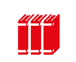 Icon of three red books standing upright, side by side, with white bands on the spines and bottom edges, resembling stacked hardcover books. The design is simple and minimalist, featuring clean lines against a white background.