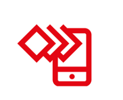 Red icon depicting a smartphone with two large arrows pointing towards it from the left, above a tilted square. The phone has a circular home button and is positioned against a plain white background.
