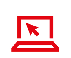 Icon depicting a stylized red computer monitor with a red arrow cursor pointing towards the screen. The elements are simple and outlined, symbolizing digital or internet-related topics on a white background.