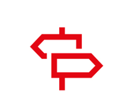 Red outlined street signs pointing in opposite directions, with the top sign pointing left and the bottom sign pointing right, against a white background.
