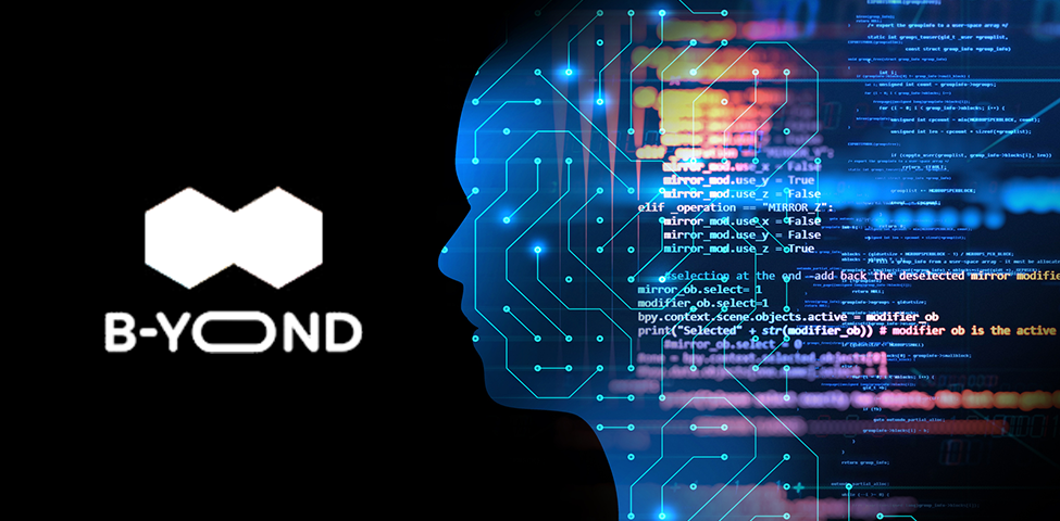 A digital illustration features a stylized human profile formed by glowing circuit patterns on a dark background. Multicolored lines and code fragments are visible within the silhouette. To the left, a white logo reads "B-YOND" with a geometric icon above it.