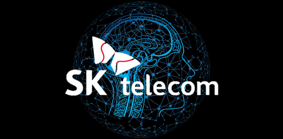 The image features the SK Telecom logo in white with a red butterfly design above the word "telecom." The background is a dark silhouette of a human head with a blue neural network pattern, symbolizing technology and connectivity.