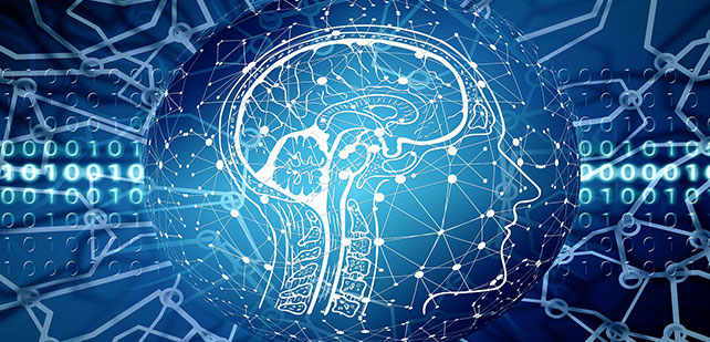 A digital illustration of a human head profile with a visible brain structure, composed of interconnected lines and nodes, symbolizing a neural network. The background features binary code and circuitry patterns, emphasizing themes of technology and artificial intelligence.