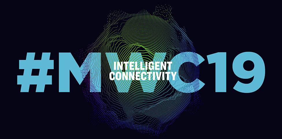 Bold text "#MWC19" with "Intelligent Connectivity" in white over a tech-inspired, colorful digital wave pattern on a black background.