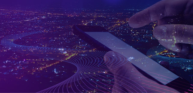 A person interacts with a smartphone in the foreground, while a digital cityscape is visible in the background, blending with abstract wave patterns. The image conveys a theme of technology and connectivity, with a purple-blue color scheme enhancing the futuristic feel.