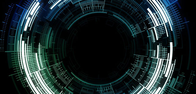 A circular digital interface with concentric glowing rings of white and blue on a black background. The design has a futuristic, high-tech appearance, resembling a tunnel or portal. Various intricate patterns and lines give it a sense of depth and complexity.