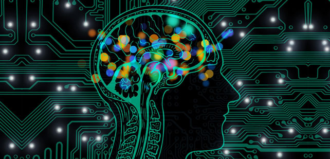 Silhouette of a human head with a colorful, illuminated brain depicted against a dark background mimicking circuit board patterns, symbolizing the connection between human thought and technology. Multicolored lights highlight the brain area, creating a vibrant, digital atmosphere.
