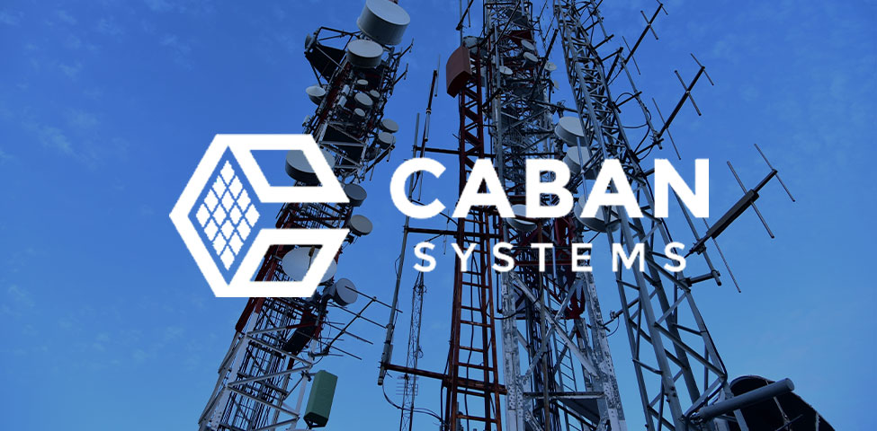 A background of tall telecommunications towers with various antennas against a blue sky. The white logo of Caban Systems, featuring a geometric design resembling an open cube, is prominently displayed alongside the company name in bold letters.