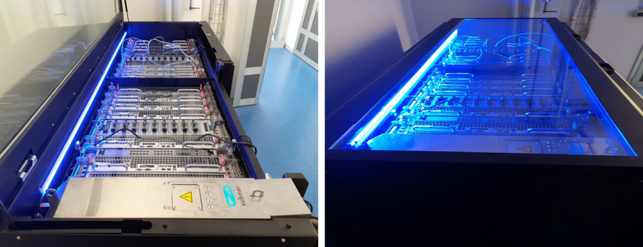 The image shows two views of a server cooling system using liquid immersion. On the left, servers are submerged in a transparent tank with visible cables. On the right, a side view highlights blue LED lights illuminating the servers. The room has blue flooring and white walls.