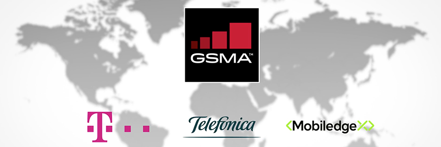 Logos of Deutsche Telekom, Telefonica, and MobiledgeX are placed below a central GSMA logo with a world map in the background. The GSMA logo is in black and red, while the other logos feature their respective brand colors and styles.