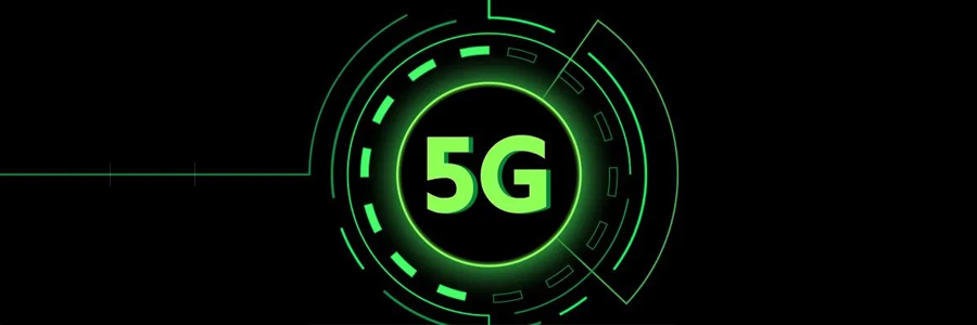 A glowing green 5G logo is centered on a black background. Surrounding the text are circular and geometric digital elements in green, suggesting a high-tech theme. The design conveys a sense of connectivity and advanced technology.