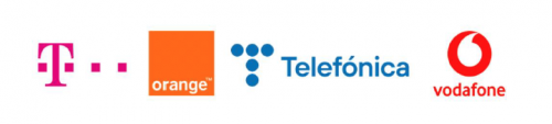 Logos of four telecommunications companies: T-Mobile in pink with dots, Orange in white on an orange square, Telefónica in blue with circular design, and Vodafone in red with a speech mark symbol above the text.