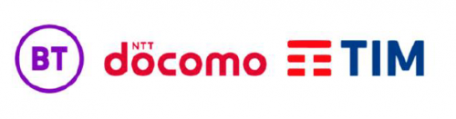 Logos of three companies: BT with a purple circle and letters "BT" inside, NTT Docomo in red bold letters, and TIM with blue letters and red bars resembling an "E" shape. The logos are aligned horizontally on a white background.