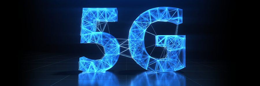 A digital 3D rendering of the text "5G" composed of glowing blue geometric lines and shapes. The background is dark, contrasting with the bright neon effect of the text, creating a futuristic and technological ambiance. The grid-like floor adds depth to the image.