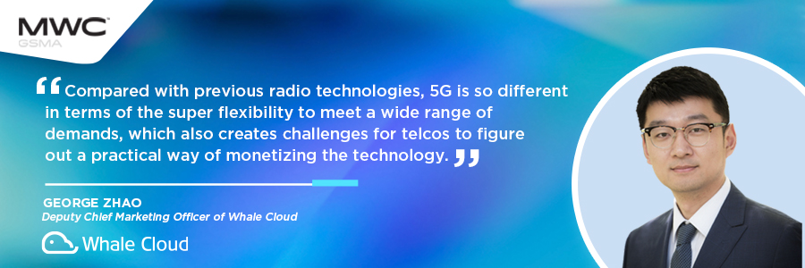 A quote attributed to George Zhao, Deputy Chief Marketing Officer of Whale Cloud, appears on the left. It discusses the flexibility and monetization challenges of 5G technology. His headshot is on the right. Logos for MWC GSMA and Whale Cloud are above and below. The background is a blue gradient.