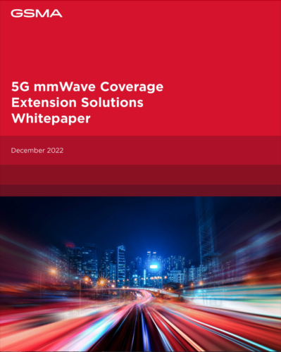 Cover of the GSMA whitepaper titled "5G mmWave Coverage Extension Solutions Whitepaper" from December 2022. The top section is red with the GSMA logo. Below, a blurred image shows vibrant city lights and fast-moving traffic, symbolizing high-speed connectivity.