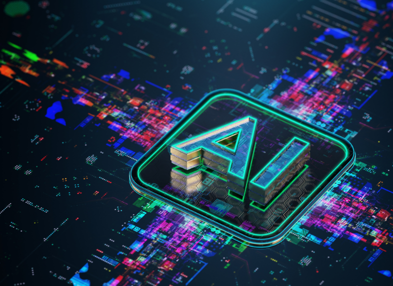 A 3D rendering of the letters "AI" in bold, metallic font, set within a digital circuit board design. Neon elements in blue, pink, and green light up the abstract background, creating a futuristic and technological atmosphere. The design emphasizes artificial intelligence themes.