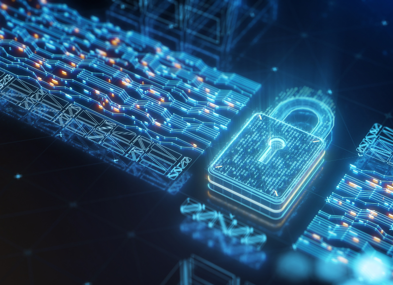 A digital illustration features a glowing padlock symbolizing security, surrounded by interconnected circuitry. The blue and orange lights across the circuit board suggest data flow, evoking themes of cybersecurity and technology integration. The background is dark, emphasizing the padlock.