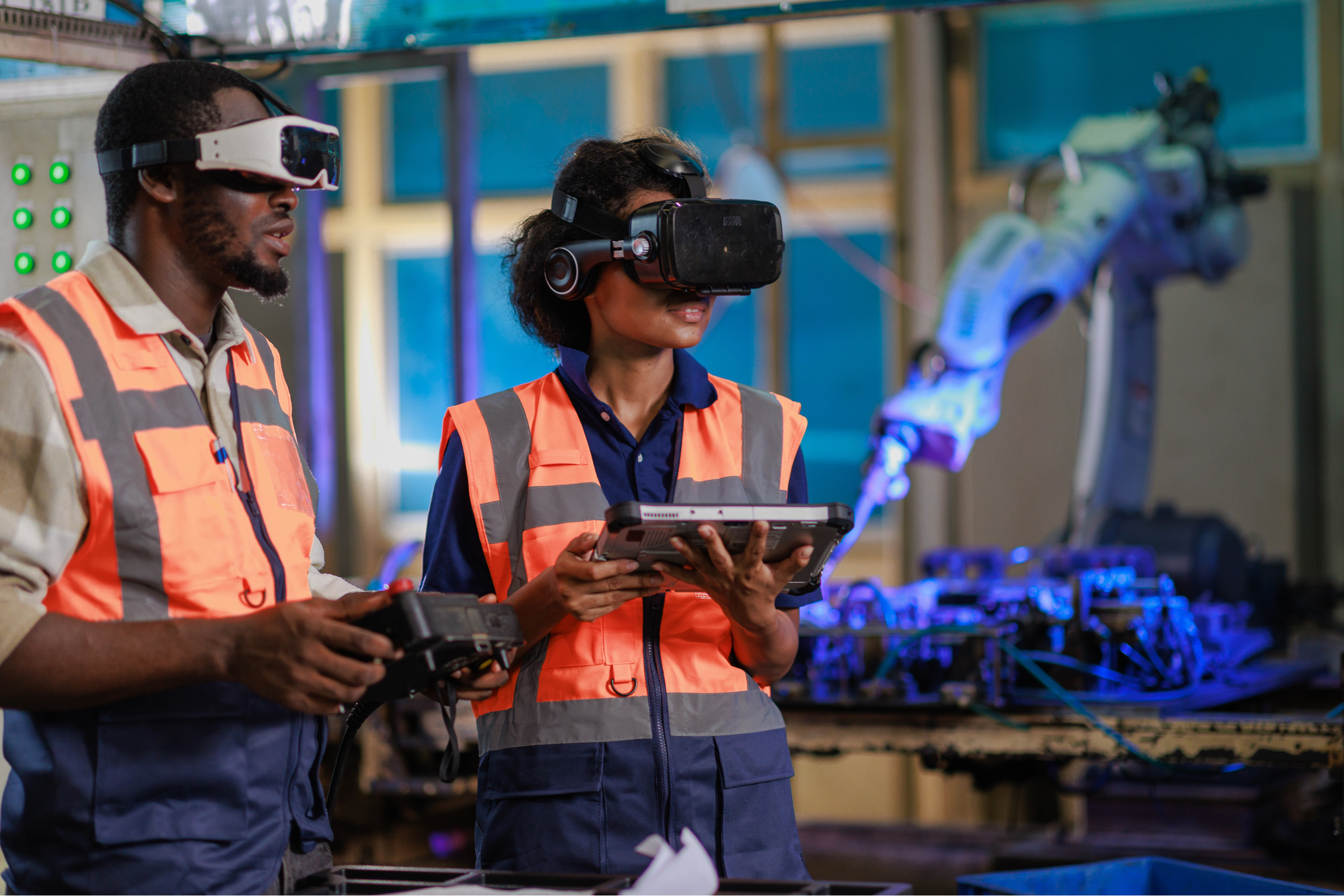 Two engineers in high-visibility vests and VR headsets operate machinery in a modern industrial facility. One holds a remote control, the other uses a tablet. A robotic arm works in the background, surrounded by various technical equipment and bright lighting.
