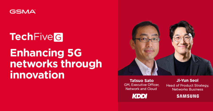 Red banner featuring the GSMA logo and "TechFive G" in white text. The phrase "Enhancing 5G networks through innovation" is highlighted. Two men are pictured: one from KDDI, named Tatsuo Sato, and one from Samsung, named Ji-Yun Seol. They are identified by titles related to 5G networks.