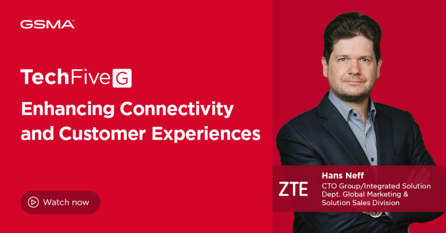 Red promotional banner for a GSMA event featuring TechFive G. Text reads "Enhancing Connectivity and Customer Experiences." An image of a man in a suit is on the right, labeled as Hans Neff, CTO at ZTE. A "Watch now" button is on the bottom left.