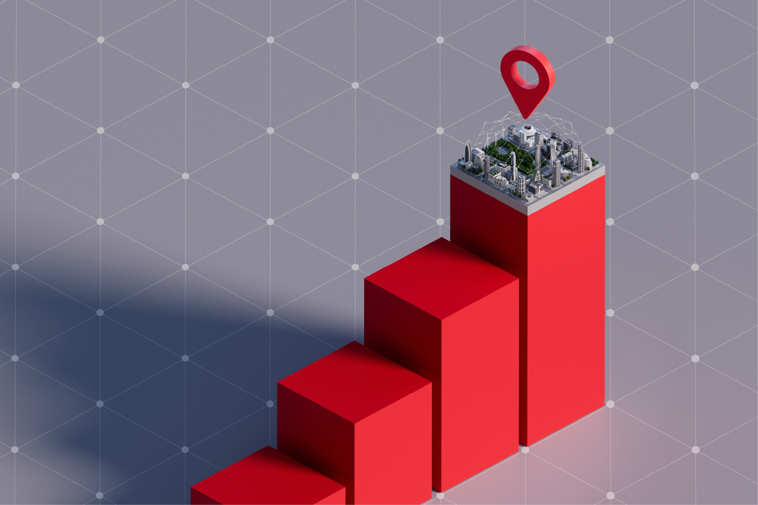 A 3D illustration of a red ascending bar graph with four bars on a grid-patterned gray background. The tallest bar hosts a miniature cityscape with buildings and trees, topped by a red location pin. Shadows create a sense of depth.