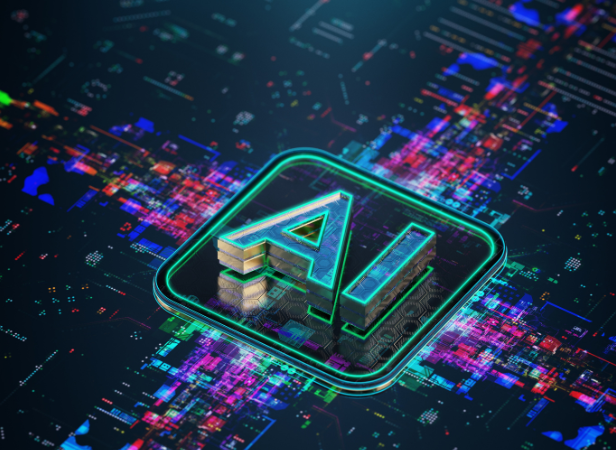 A glowing, metallic "AI" logo is centered over a complex, colorful circuit board pattern. The design features blue, pink, and purple hues, with digital elements suggesting technology and artificial intelligence themes. The overall look is futuristic and vibrant.