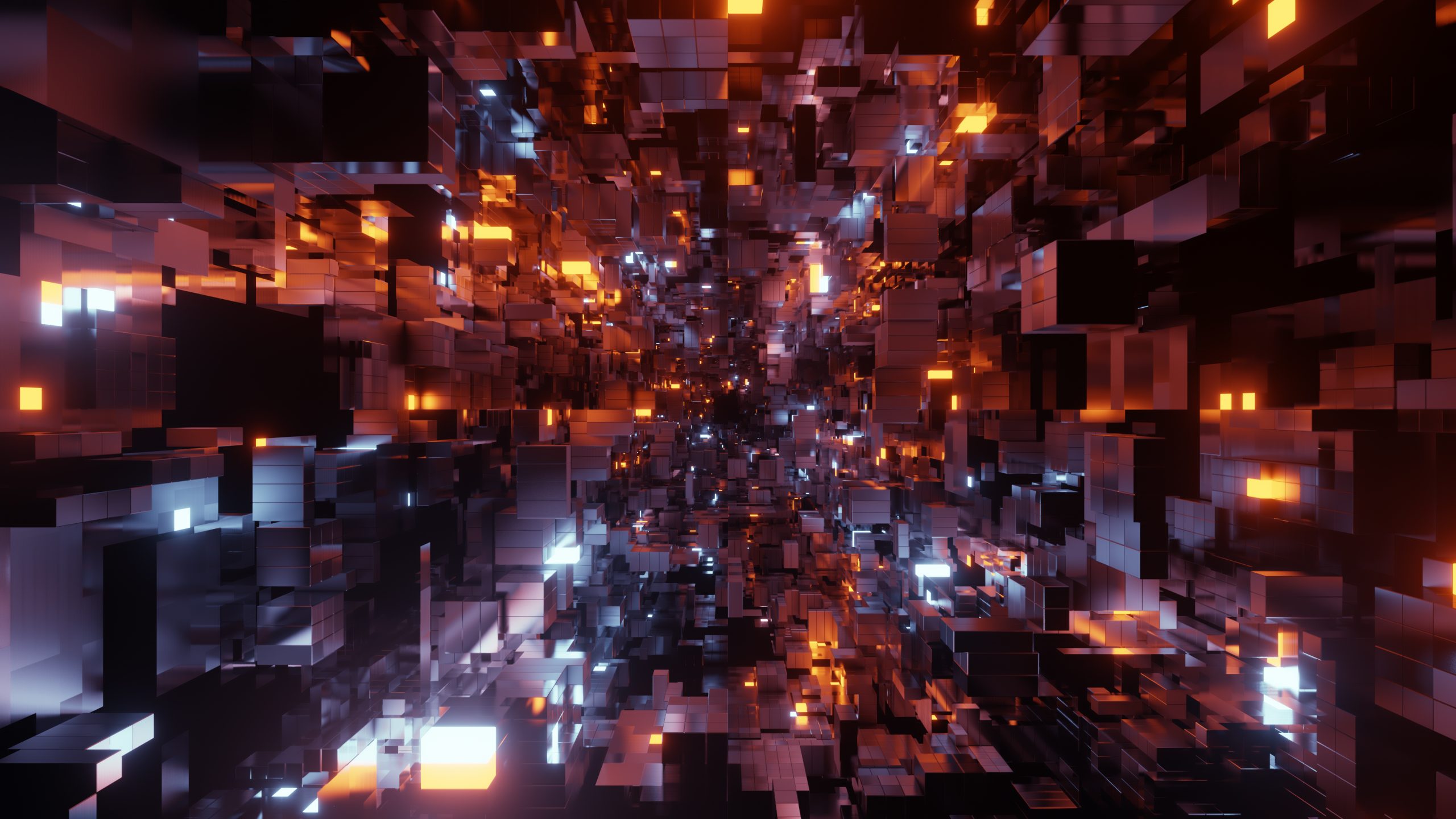 A digital abstract image of a tunnel made of glowing, reflective cubes in shades of orange, blue, and black, creating a sense of depth and motion toward the center. Bright illuminated cubes contrast with darker areas for a futuristic, technological effect.