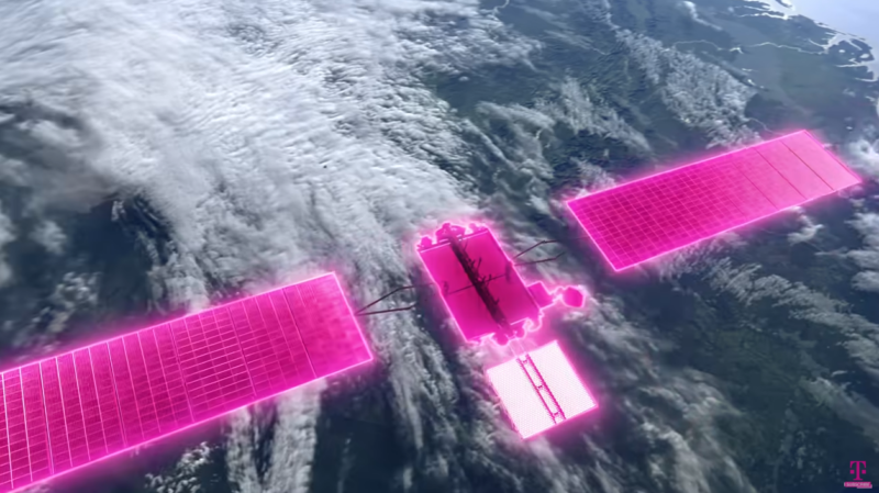 A pink, digitally-rendered satellite with two large solar panels or wings floats above Earth, which is partially covered by white clouds and green landmasses. The T-Mobile logo appears in the lower right corner.