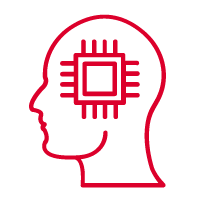 Red outline of a human head in profile facing left, with a stylised microchip or circuit board pattern inside the head, suggesting artificial intelligence or the integration of technology and the human mind, on a light background.