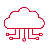 A red outline of a cloud with five circuit-like lines extending downward, ending in small circles, symbolising cloud computing or digital connectivity, on a light grey background.