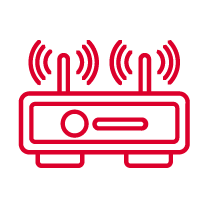Red line drawing of a wireless router with two aerials, each emitting curved signal waves. The router has a circular button and a horizontal slot on its front, all set against a light grey background.