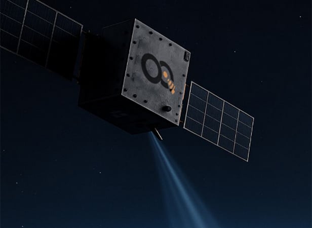 A satellite with solar panels orbits Earth, emitting a blue beam of light against a dark space background.