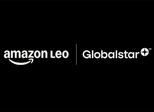 Amazon Leo and Globalstar logos in white on a black background, separated by a vertical line.