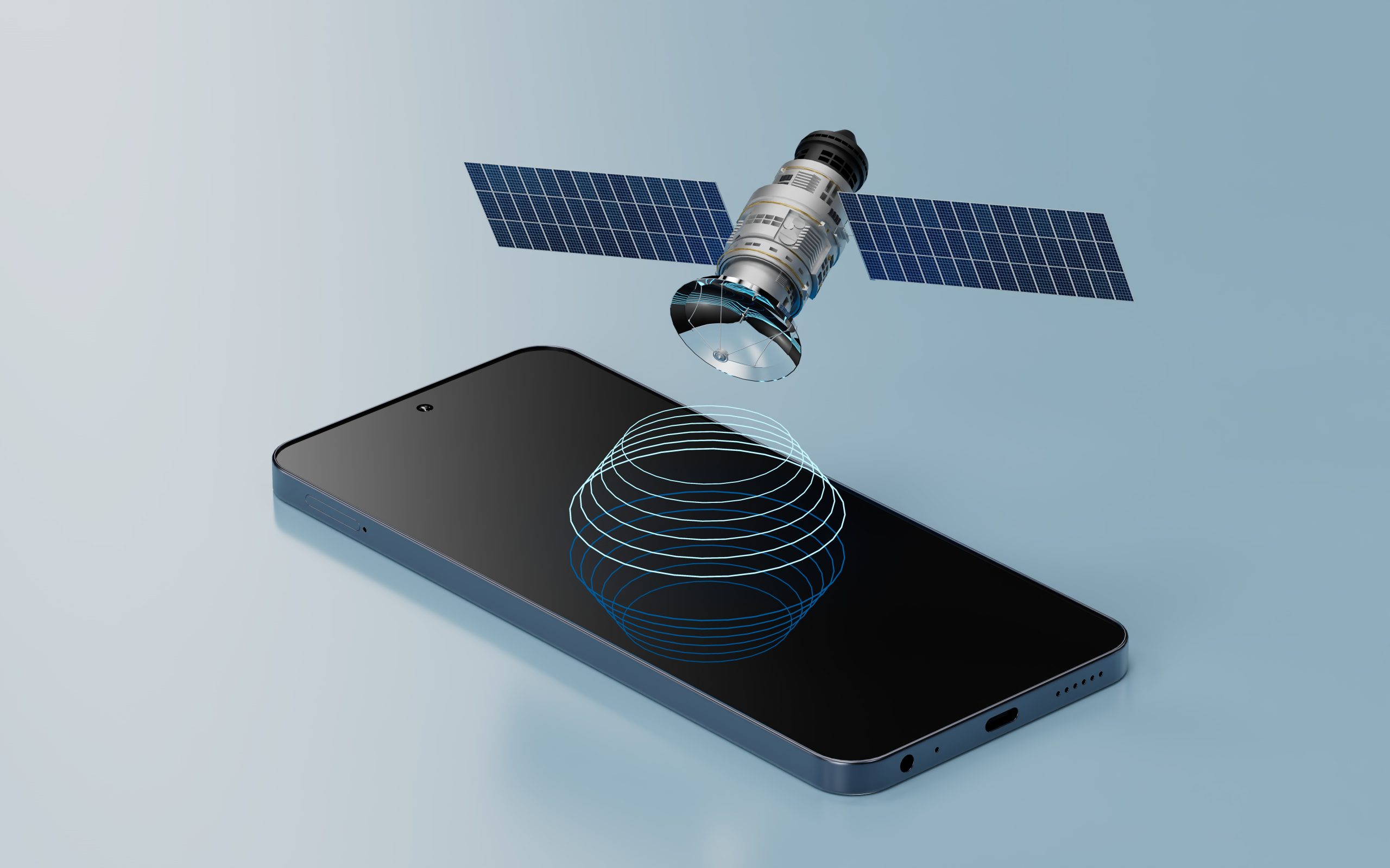 A satellite transmitting signals to a mobile phone on a light blue background.