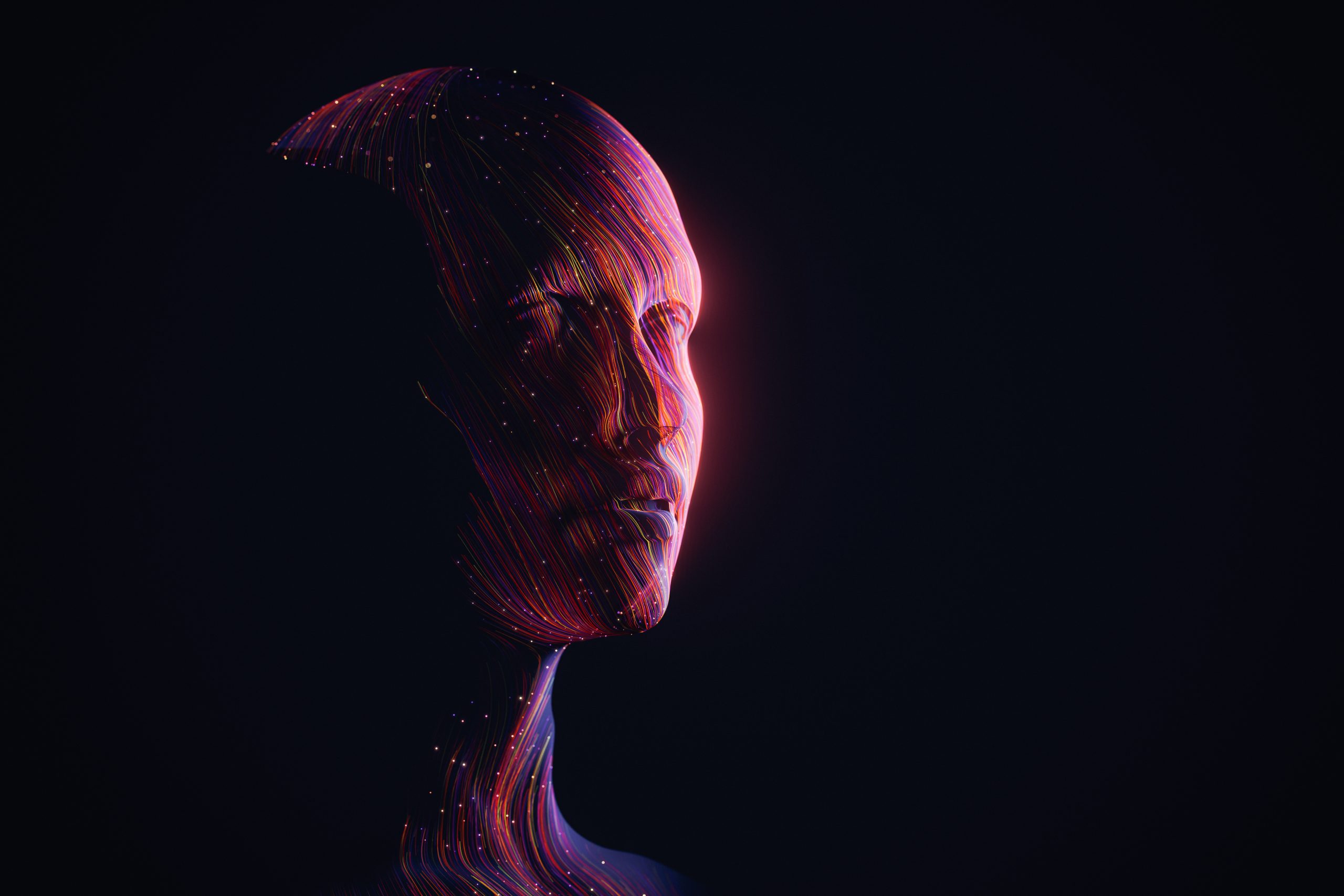 Digital human head with colourful neon lines against a dark background, illuminated from the side.
