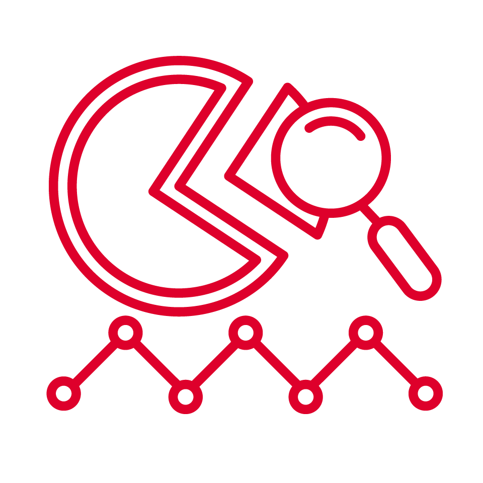 Red outline of a pie chart with a magnifying glass and a line graph on a light background.