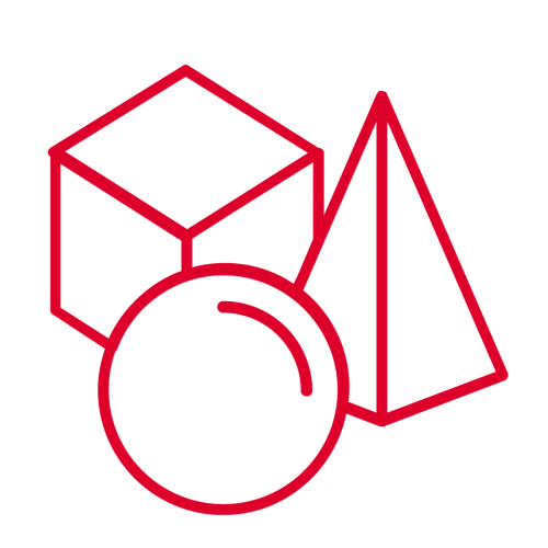 Red outline of a cube, sphere, and pyramid on a light grey background.