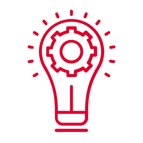 Red outline of a lightbulb with a cog inside, symbolising innovation, ideas, or technical creativity.