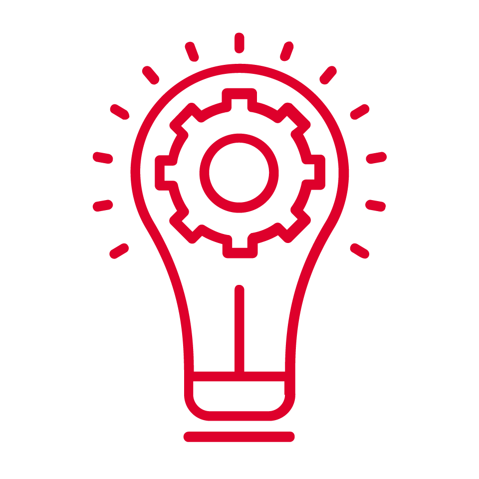 Red outline of a lightbulb with a cog inside, symbolising innovation, ideas, or technical creativity.