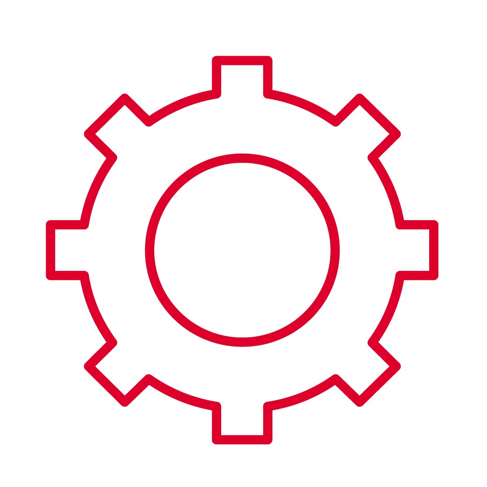 Red outline of a gear or cogwheel icon on a light grey background.