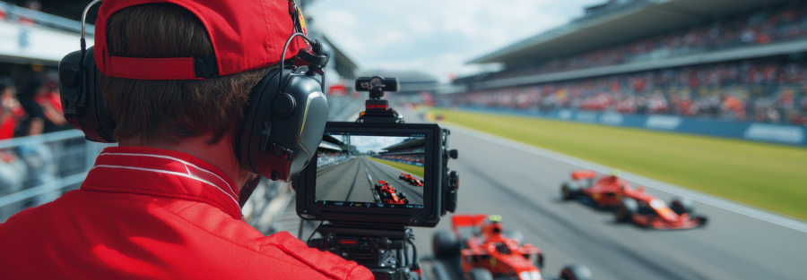 A camera operator in red clothes and headset films a Formula 1 race, capturing red racing cars speeding down a track. The camera monitor shows the cars in motion. The background includes stadium seating filled with spectators and a blurred racetrack.