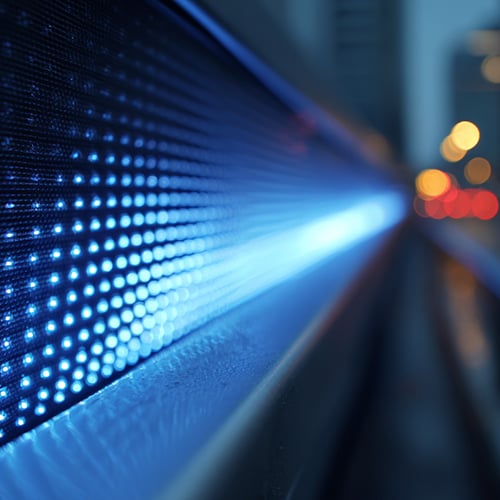 A close-up of a blue LED light panel glows in the evening, its rows of tiny lights evoking advancements in quantum technologies, whilst the bokeh effect highlights distant yellow and red city lights against a blurred urban backdrop.