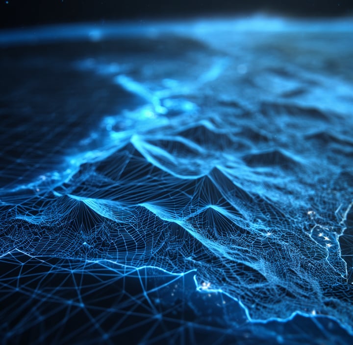 A digital 3D landscape with mountains and valleys is depicted in glowing blue wireframe lines, on a dark background. The futuristic, topographic map effect and grid pattern suggest depth, elevation, and innovation.