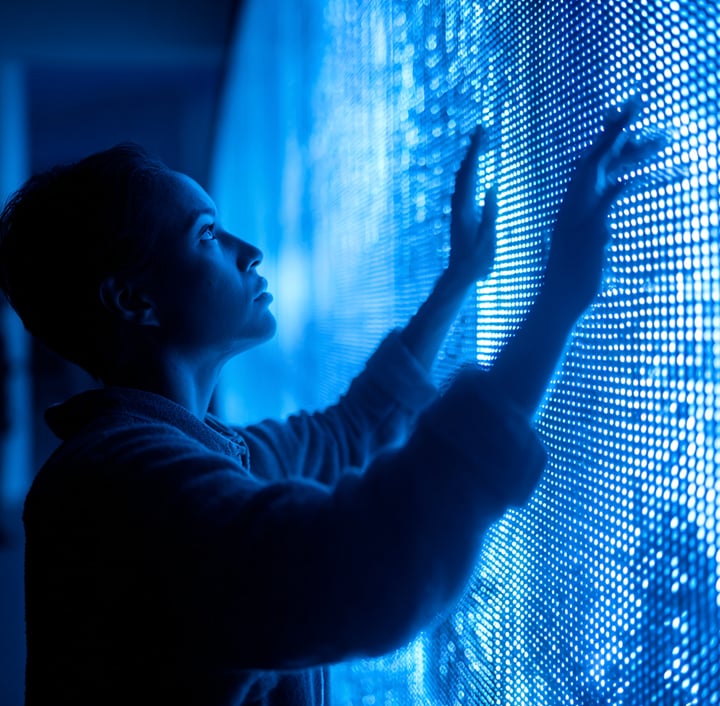 A person stands in profile, gently touching a glowing blue digital wall composed of many small lights. The scene is illuminated by the blue light, creating a futuristic atmosphere with technology and curiosity emphasised by the person's focused expression.