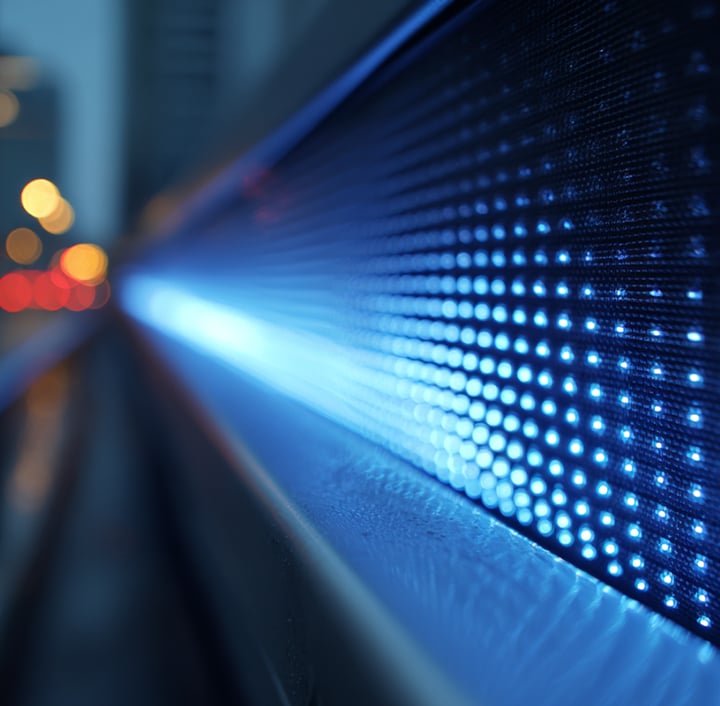 A close-up of a long LED display emits bright blue light, with small individual lights glowing in rows. The image blurs into the distance, creating a futuristic effect. Warm city lights and buildings are softly out of focus in the background.